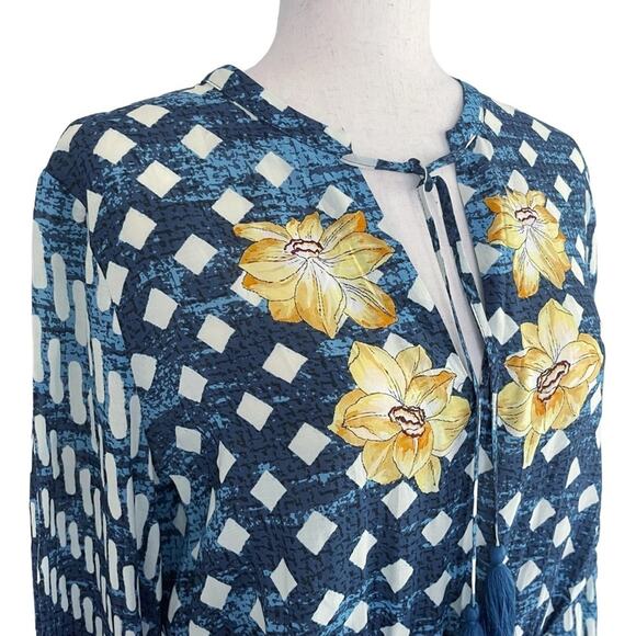 JOHNNY WAS Ciaga Mixed-Print Maxi Coverup Dress Blue Floral Geometric Size S - Picture 2 of 11